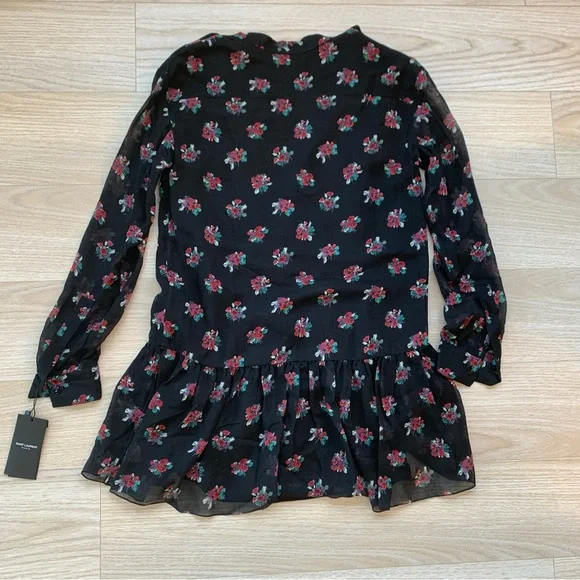 Saint Laurent Lavallière Floral Mini Dress Black NWT Size 38 - Picture 3 of 7